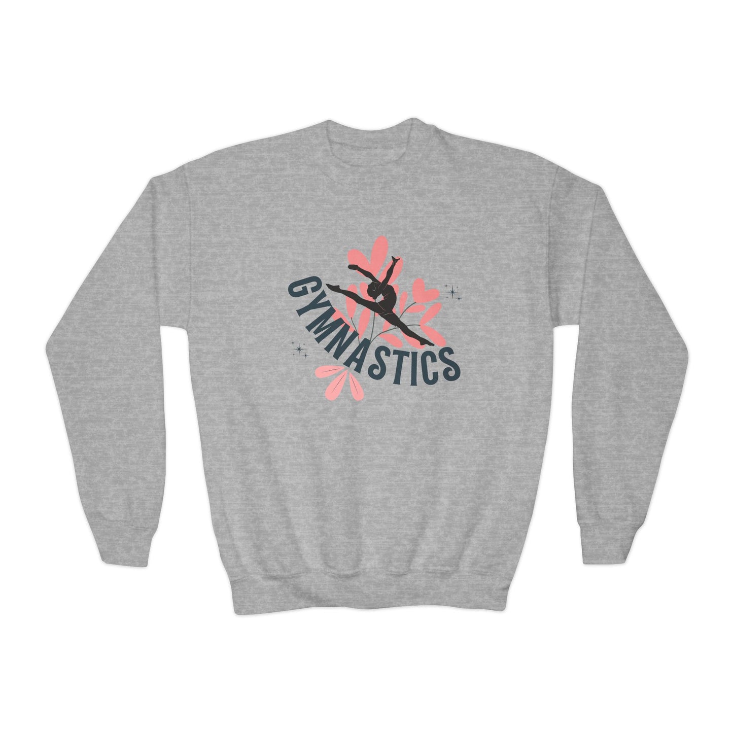 Gymnastics Youth Crewneck Sweatshirt — Cute Pink Floral Gymnast Silhouette
