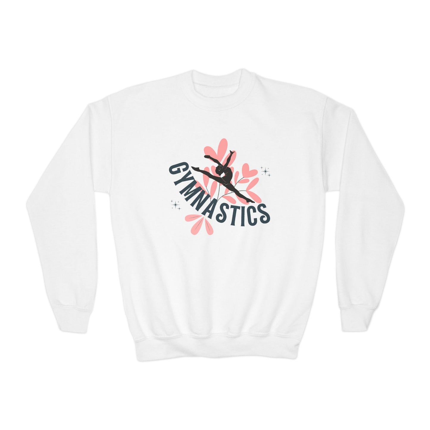 Gymnastics Youth Crewneck Sweatshirt — Cute Pink Floral Gymnast Silhouette